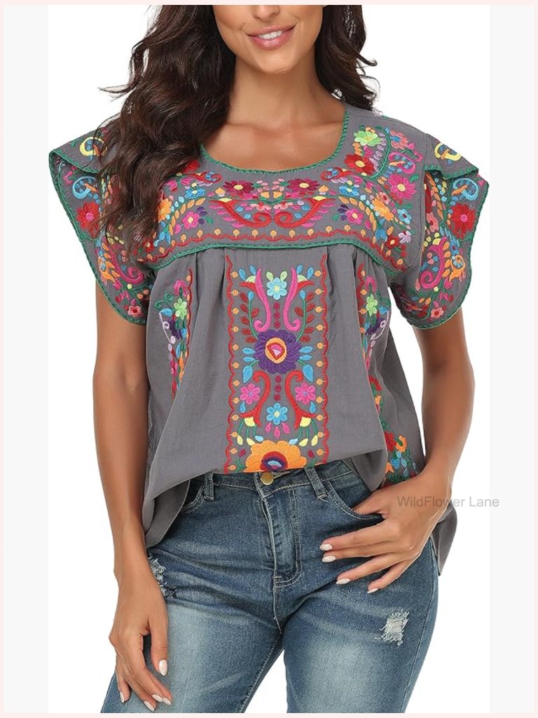 Women's Boho Embroidered Cotton Peasant Tunic Top